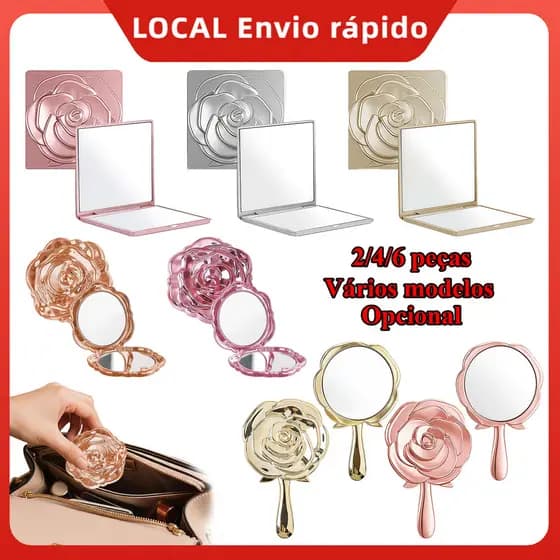 2/4/6 peças Espelho Feminino com Formato de Rosa, Diversos Modelos de Bolsa, Dobráveis e com Cabo para Maquiagem