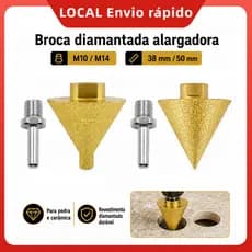 Broca Diamantada para Alargar Furos M10 M14 38/50mm Cônica com Adaptador para Furadeira