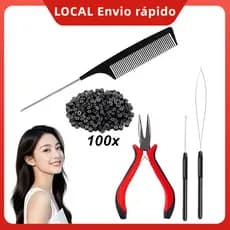 Kit Mega Hair Alicate 100 Microlinks Com Silicone Preciso Ergonômico Cabelo Extensão Aplique Preto
