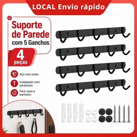 Porta Casacos de Parede 4 Peças, Aço Inoxidável Preto com 5 Ganchos para Jaquetas, Bonés e Bolsas