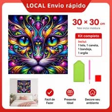 Pintura de Diamante 5D Gatos coloridos 30x30cm Broca Quadrada – alto relevo, brilho intenso, cores vibrantes, durável