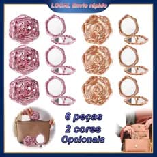 Kit 6 Espelho Portátil Rosa Flor 6,3cm – Dobrável, Leve, Formato Rosa, para Viagem e Uso Diário, Rosa Gold/Rosa