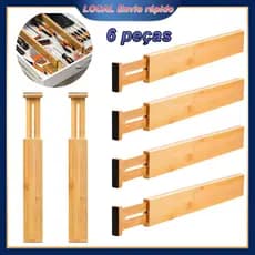 6 peças Divisórias de Bambu Ajustáveis 43-56cm com Pontas de Borracha – Evita Deslizamento, para Gavetas de Cozinha