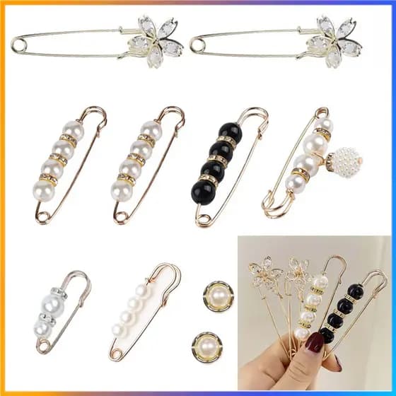 Broche de strass pérola, 10 peças de alfinetes de segurança, pinos de fixação de cintura de calças, acessórios de decora