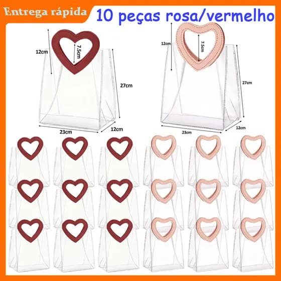 27x23x12 cm, 10 peças de sacola em PVC transparente (com alça love), indicada para casamentos e festas de aniversário