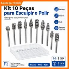 Fresa Rotativa Tungstênio 10 Peças com Caixa para Esculpir Madeira Metal Pedra Plástico