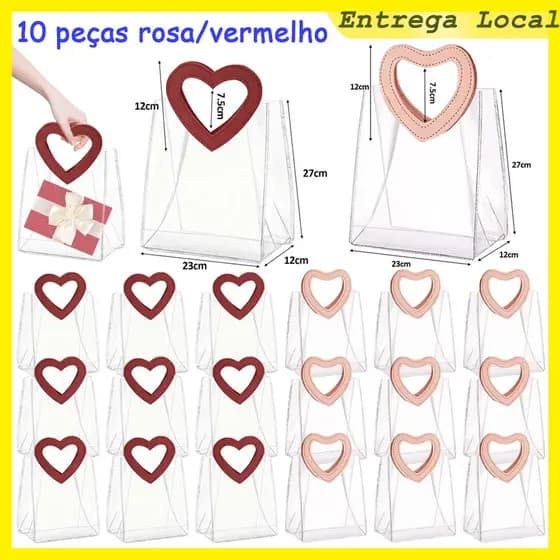 27x23x12 cm, 10 peças de sacola de presente em PVC transparente (com alça love), sacola de embalagem reutilizável