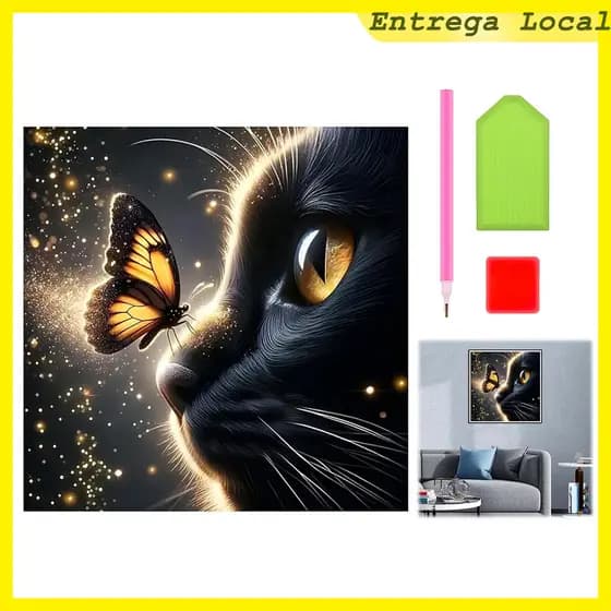 5D Praça Diamante Pintura decorativa 30x30 cm," Gato Preto e borboleta luz " pintura da cor, decoração do quarto