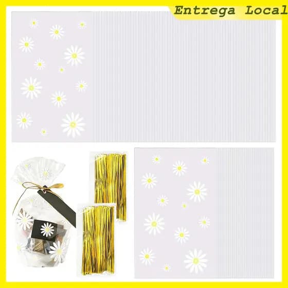 10x15,5 cm,100 pçs de saco de Margarida, saco de presente de plástico com laço dourado, adequado para uso de aniversário
