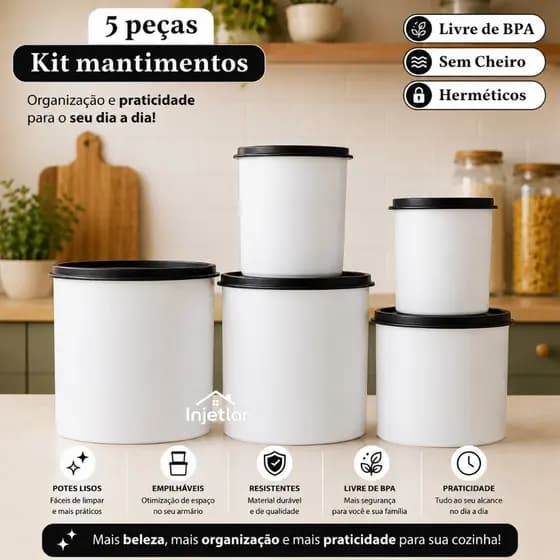 Kit com 5 potes de mantimentos de cozinha de plástico