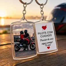 Chaveiro Personalizado com Foto - Pilote Com Cuidado, Acrílico com Argola, Imagem Frente e Verso