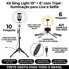 Kit Ring Light 10 e 6 Polegadas - Iluminador Portátil com Tripé, 3 Cores de Luz, Profissional
