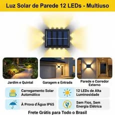 Kit 1-4 Luminária Arandela Solar 12 LED - Luz Branco/Quente, à Prova D'água para Parede