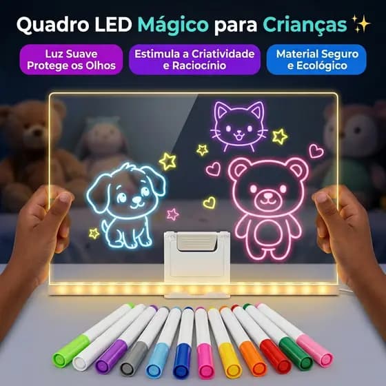 Luminária LED Quadro de Recados - Superfície Apagável para Escrever, Material de Escritório 30x20cm