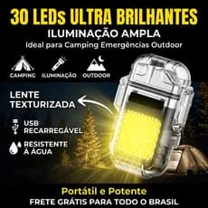 Isqueiro Elétrico USB Recarregável com Lanterna LED - Portátil, Leve, para Camping e Emergência