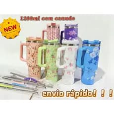 Garrafa Térmica Linda  com estampa floral, 1200ml, aço inox 304 com alça, tapete antiderrapante, tampa de canudo