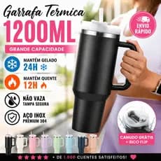 Garrafa Térmica 1200ml Vacuum Thermal Bottle aço inoxidável 304 with Straw, Stainless Steel - High Capacity