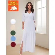 Vestido Longo Feminino Fenda Plus Size Moda Evangélico Acinturado Elegante Modesto Luxo