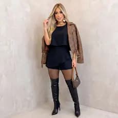 Macaquinho Feminino Plus Size Short Saia Forrado Look Inverno Moda Balada Festa Roupa de Frio