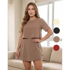 Macaquinho Short Saia Plus Size Manga Curta Casual Soltinho Forro Duplo Babado Elegante