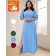Vestido Longo Feminino Fenda Modesto Plus Size Acinturado Forro Luxo Evangelico