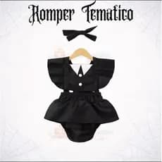 Jardineira Romper Body Wandinha Bebe Mesversario Menina Fantasia 3 a 9 meses RN Festa Aniversario Vandinha