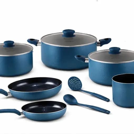 Jogo Panelas Antiaderente 9 Pecas Revestimento Teflon Duravel Azul Kit Completo Cozinha tampa vidro