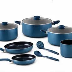 Jogo Panelas Antiaderente 9 Pecas Revestimento Teflon Duravel Azul Kit Completo Cozinha tampa vidro