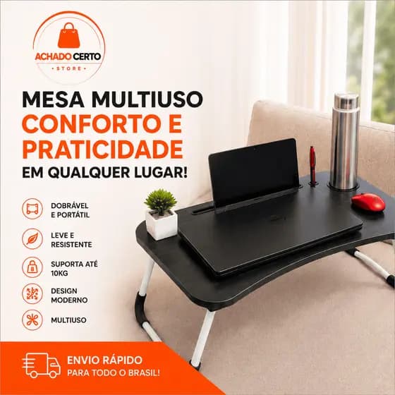 Mesa Notebook Multiuso Preta Top Rio 60x40cm Mesa para Cama Sofá Home Office Estudo