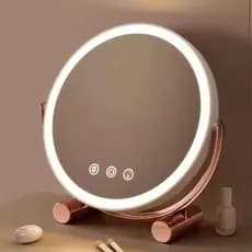 Espelho de Maquiagem LED Recarregável USB Espelho de Mesa Redondo 3 Tons de Luz Touch Portátil, Base em Madeira Bambu