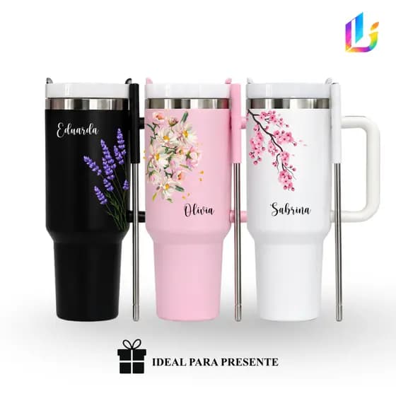 Copo Garrafa Térmico Inox 1.2L Personalizado Aesthetic Floral Feminina Delicada - Presente Premium