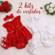 2 Kit Vestido+ Sapatinho meia+ Laço e calcinha tapa fralda Bebê Menina Manga Curta 8 Peças Confortável e Delicado