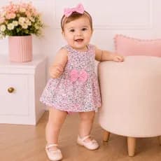 Body Vestido Bebê Menina Gatinha Com Laço Rosa 2 a 7 Meses Roupa Bebê