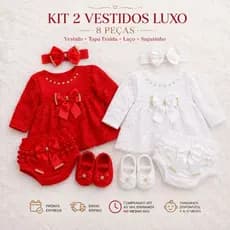 2 Kit Vestido+ Sapatinho meia+ Laço e calcinha tapa fralda Bebê Menina Manga Curta 8 Peças Confortável e Delicado