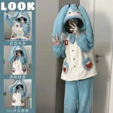 Conjunto de Pijama Feminino de Inverno 6BEY com Estampa de Hatsune Miku em Flanela de Lã Coral Grossa 8XD8