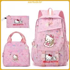 Mochila Escolar HelloKitty de Grande Capacidade para Estudantes, Conjunto de Três Peças, Tamanho Grande, Mochila Univers