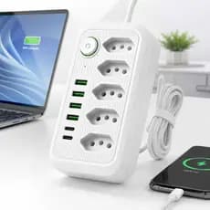 Extensão Régua 5 Tomada 4 Usb 2 Usb TipoC 2 Metros Potência 2500w Bivolt Preto e Branco