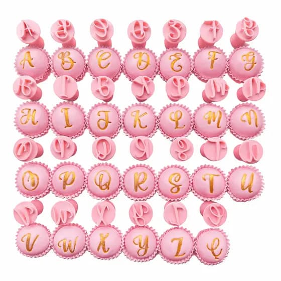 Kit Carimbos Letras Cursivas do Alfabeto Delicado para Brigadeiro, Doce, Docinhos Confeitaria - 27 Peças