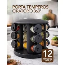 Porta Temperos Condimento 12 Potes Vidro Giratório 360° Organizador de Cozinha Suporte Preto Moderno Gourmet