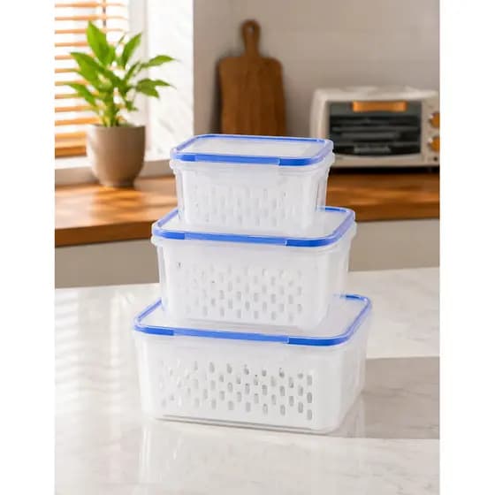 Kit 3 Potes Herméticos Para Alimentos Com Cesto Drenagem Organizador Geladeira Frutas Legumes Cozinha Despensa