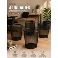 Kit 4 Lixeira de Metal 10L Aramada Preta  Estrutura Telada com Ventilação Natural Design Clean Escritório Quarto