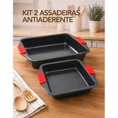 Conjunto 2 Assadeiras Antiaderente Preta Retangular Quadrada Pegador Silicone Forno Bolo Pão Carne