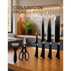 Kit Facas 6 Peças Conjunto Preto Para Cozinha Churrasco Faqueiro Aço Gourmet Prememium