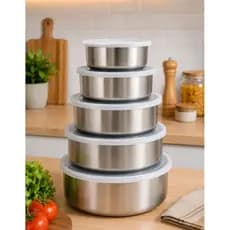 Jogo 5 Tigelas Inox  Bowls Potes Tampa Plástica Cozinha