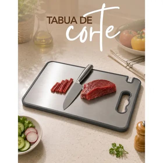 Tábua de Corte Dupla Face em Aço Inoxidável para Carnes e Legumes com Afiador e Canal para Suco