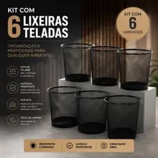 Kit 6 Lixeiras de Metal 10L Aramada Preta  Estrutura Telada com Ventilação Natural Design Clean Escritório Quarto