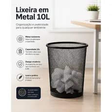 Lixeira de Metal 10L Aramada Preta  Estrutura Telada com Ventilação Natural Design Clean Escritório Quarto