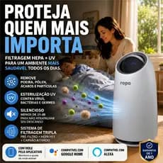 Purificador de Ar Ropo Air 16 com filtro HEPA UV para 16m² Anti Alérgenos Elimina Odores Silencioso Alexa App
