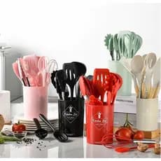 Jogo de Cozinha Kit com 12/19 Peças de Silicone Utensílios e Suporte Cabo de Madeira Tábua