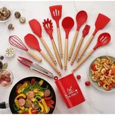 Jogo de Cozinha Silicone Utensílios kit 12 Peças Silicone com Suporte Cabo de Madeira Antiaderente